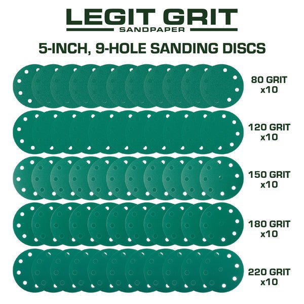 5-Inch 9-Hole Sanding Discs, Mixed Grit, 50-Pack - Legit Grit
