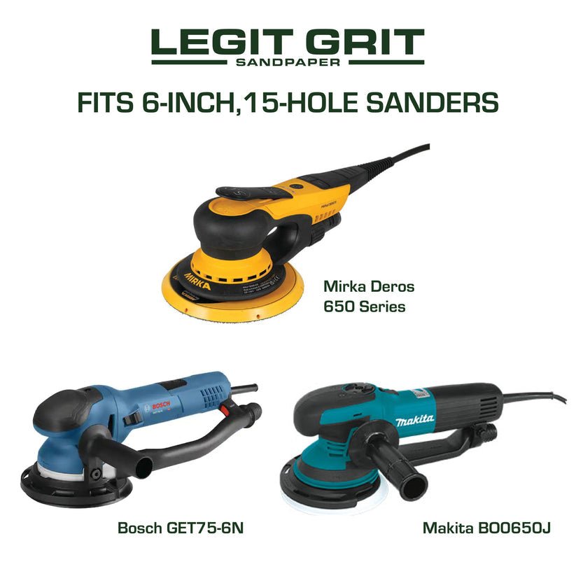 6-Inch 15-Hole Sanding Discs, Mixed Grit, 50-Pack - Legit Grit