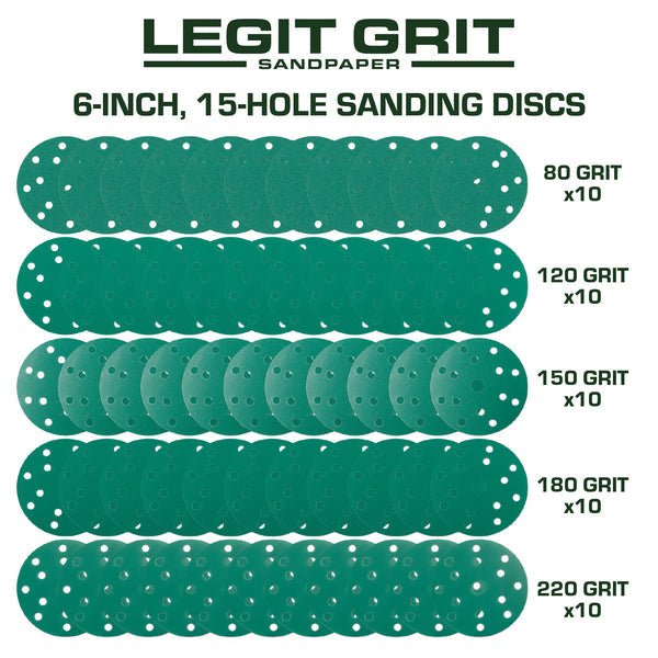 6-Inch 15-Hole Sanding Discs, Mixed Grit, 50-Pack - Legit Grit