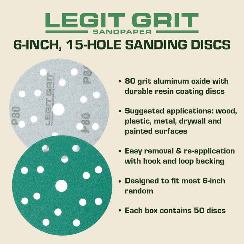 6-Inch 15-Hole Sanding Discs, Mixed Grit, 50-Pack - Legit Grit