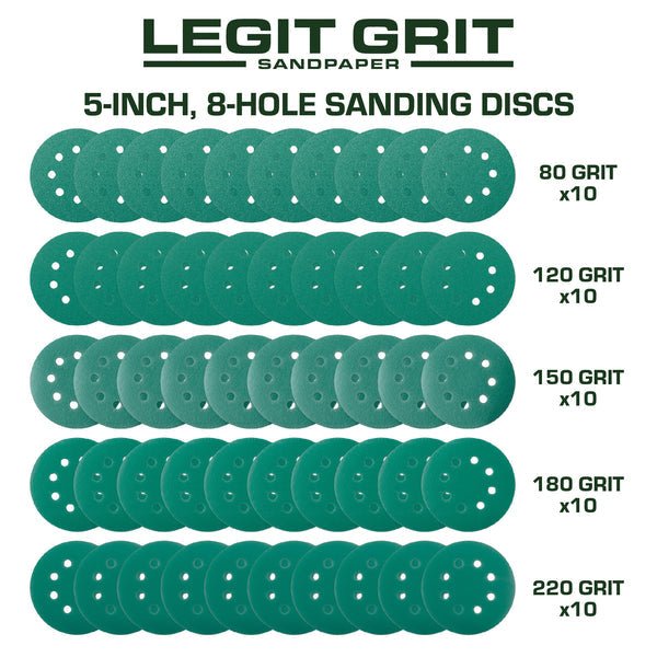 5-Inch 8-Hole Sanding Discs, Mixed Grit, 50-Pack - Legit Grit