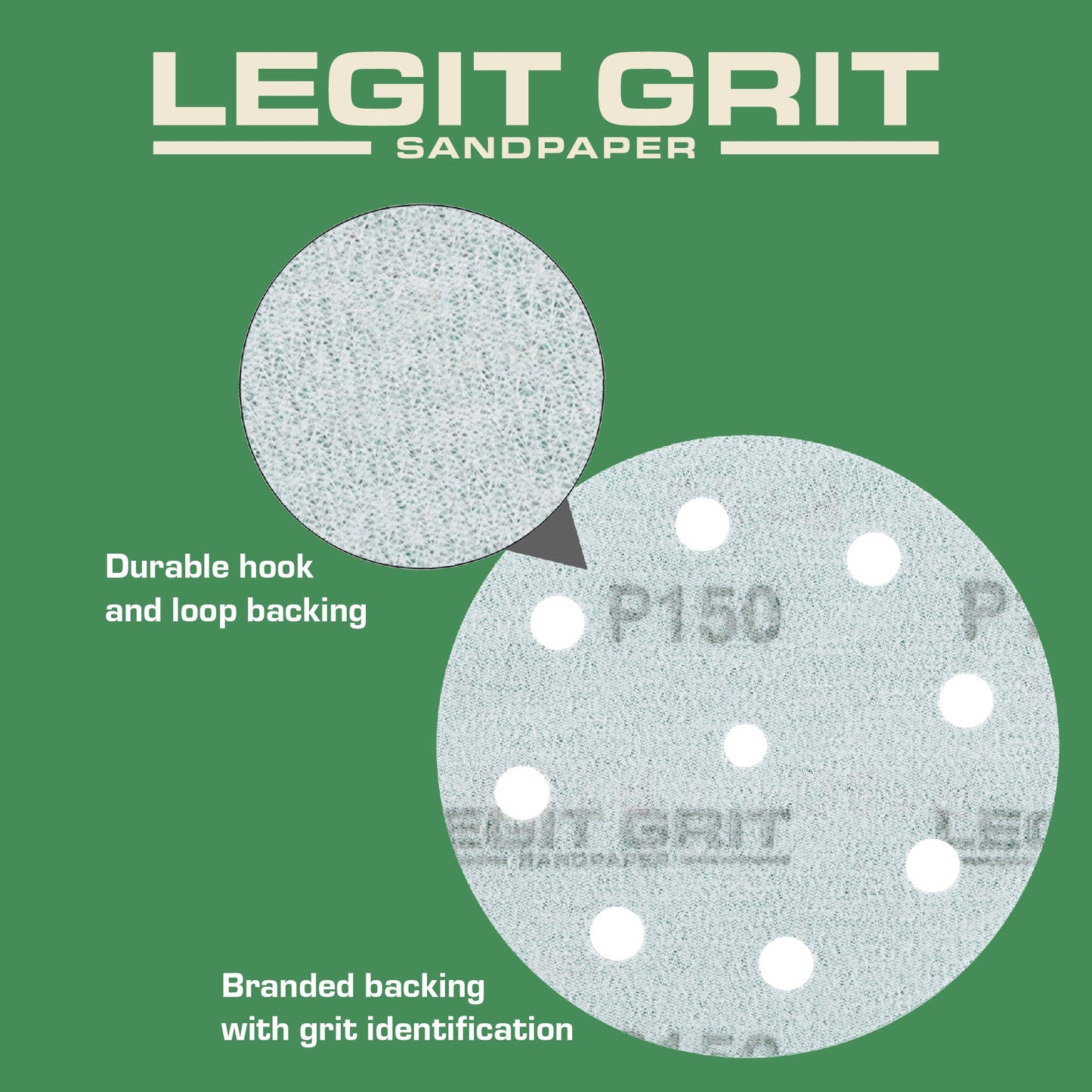 5-Inch 9-Hole Sanding Discs, Single Grit, 50/100/150-Packs - Legit Grit