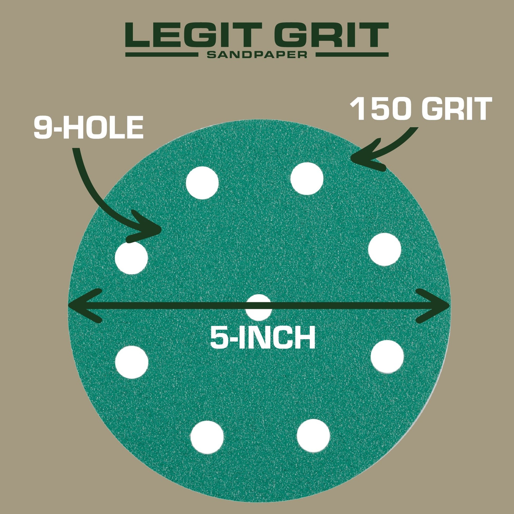 5-Inch 9-Hole Sanding Discs, Single Grit, 50/100/150-Packs - Legit Grit