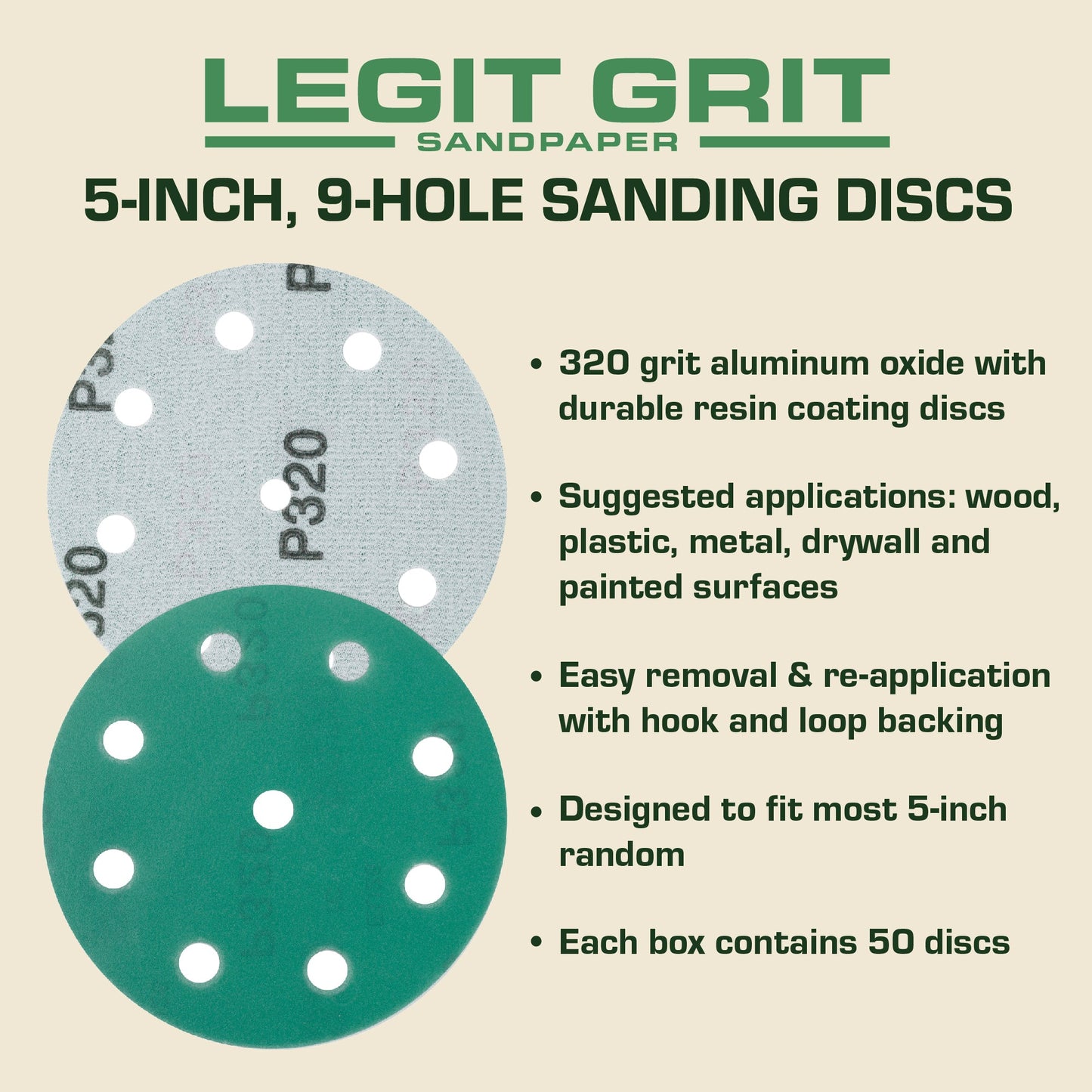 5-Inch 9-Hole Sanding Discs, Single Grit, 50/100/150-Packs - Legit Grit