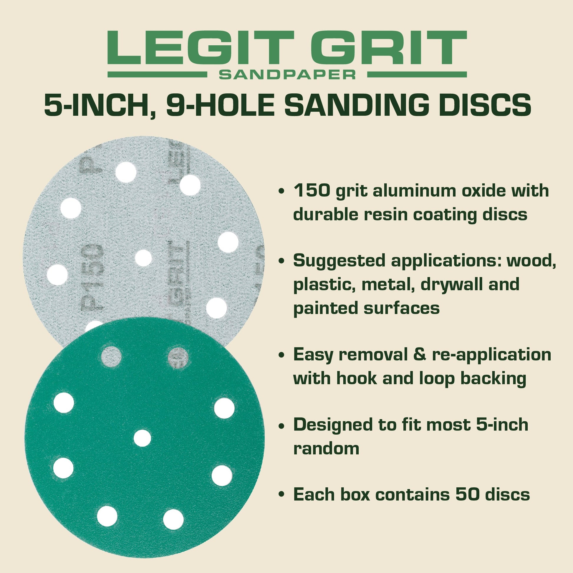 5-Inch 9-Hole Sanding Discs, Single Grit, 50/100/150-Packs - Legit Grit