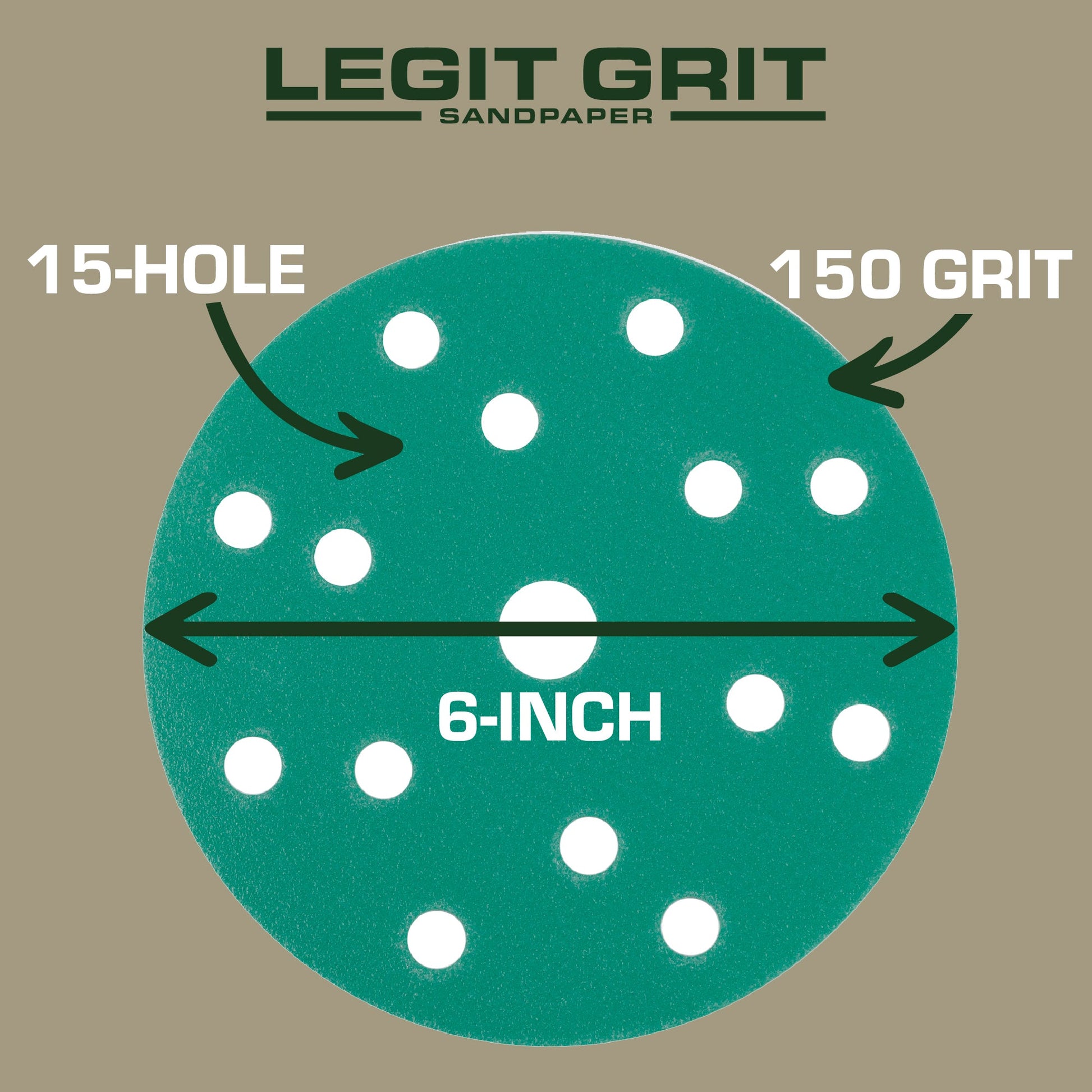 6-Inch 15-Hole Sanding Discs, Single Grit, 50/100/150-Packs - Legit Grit