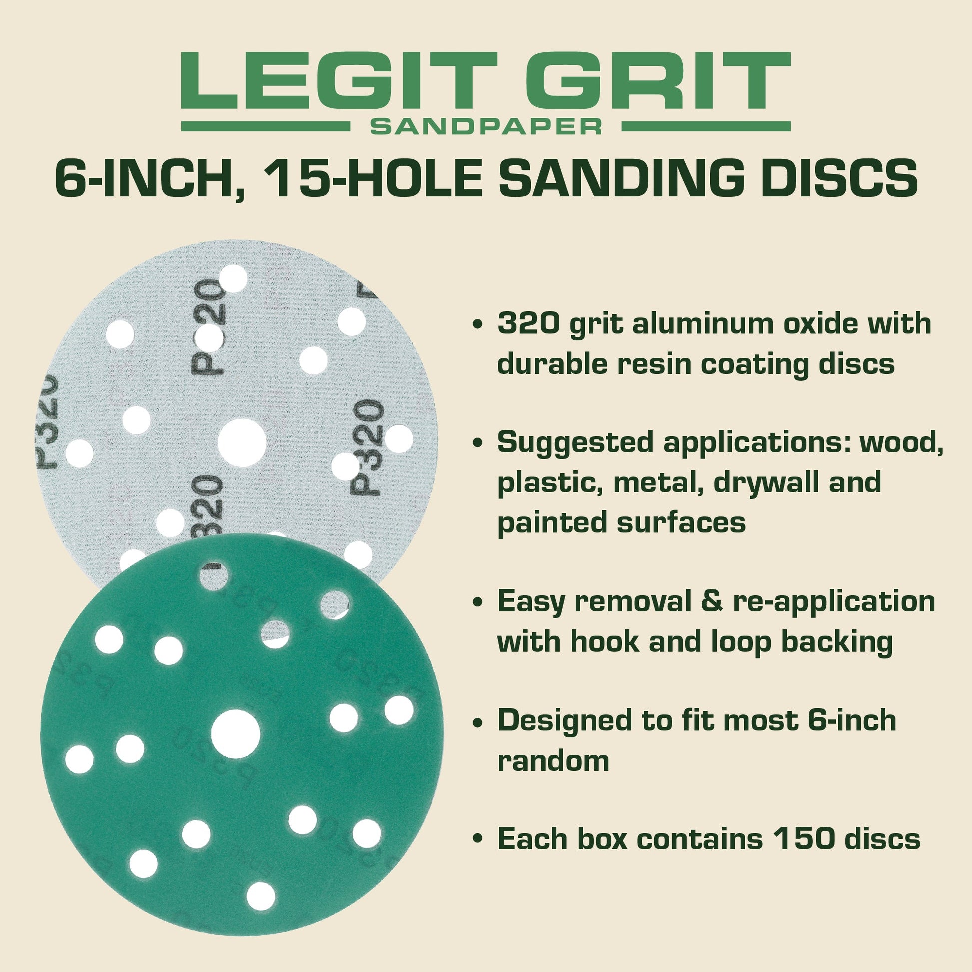 6-Inch 15-Hole Sanding Discs, Single Grit, 50/100/150-Packs - Legit Grit