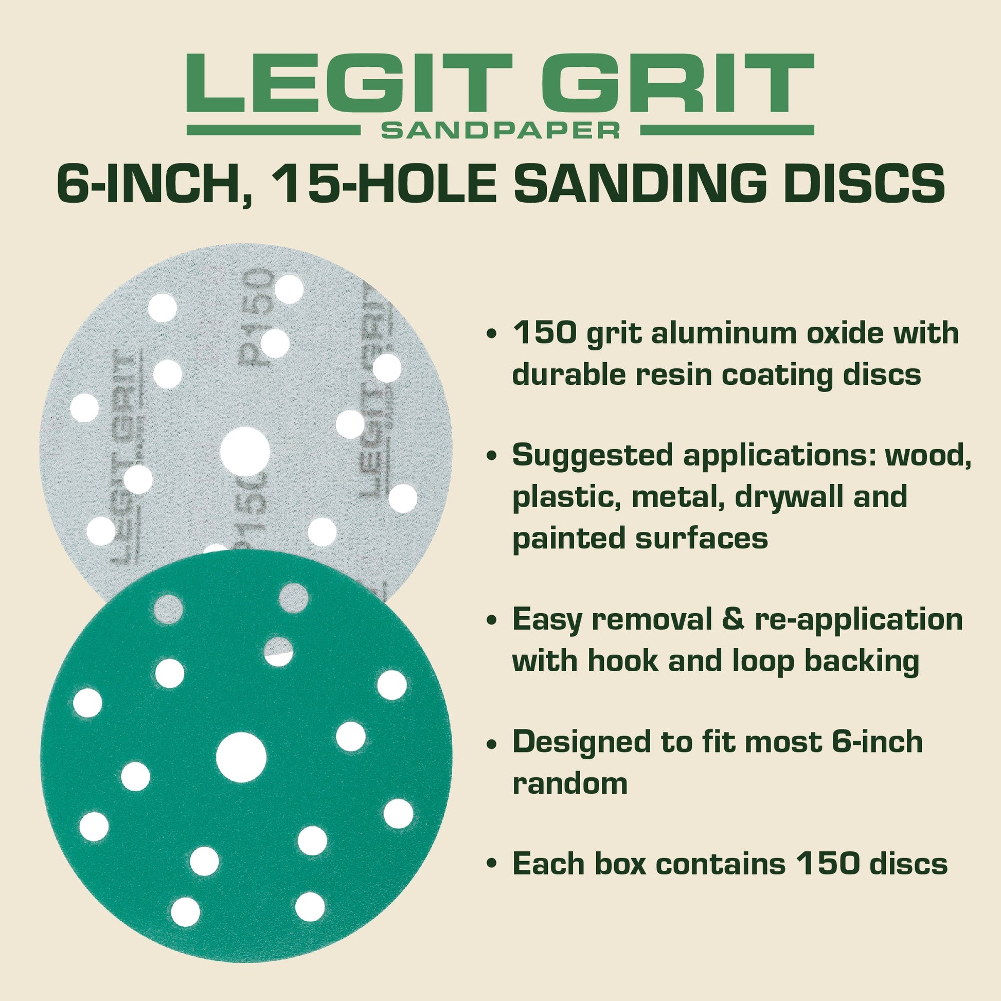 6-Inch 15-Hole Sanding Discs, Single Grit, 50/100/150-Packs - Legit Grit