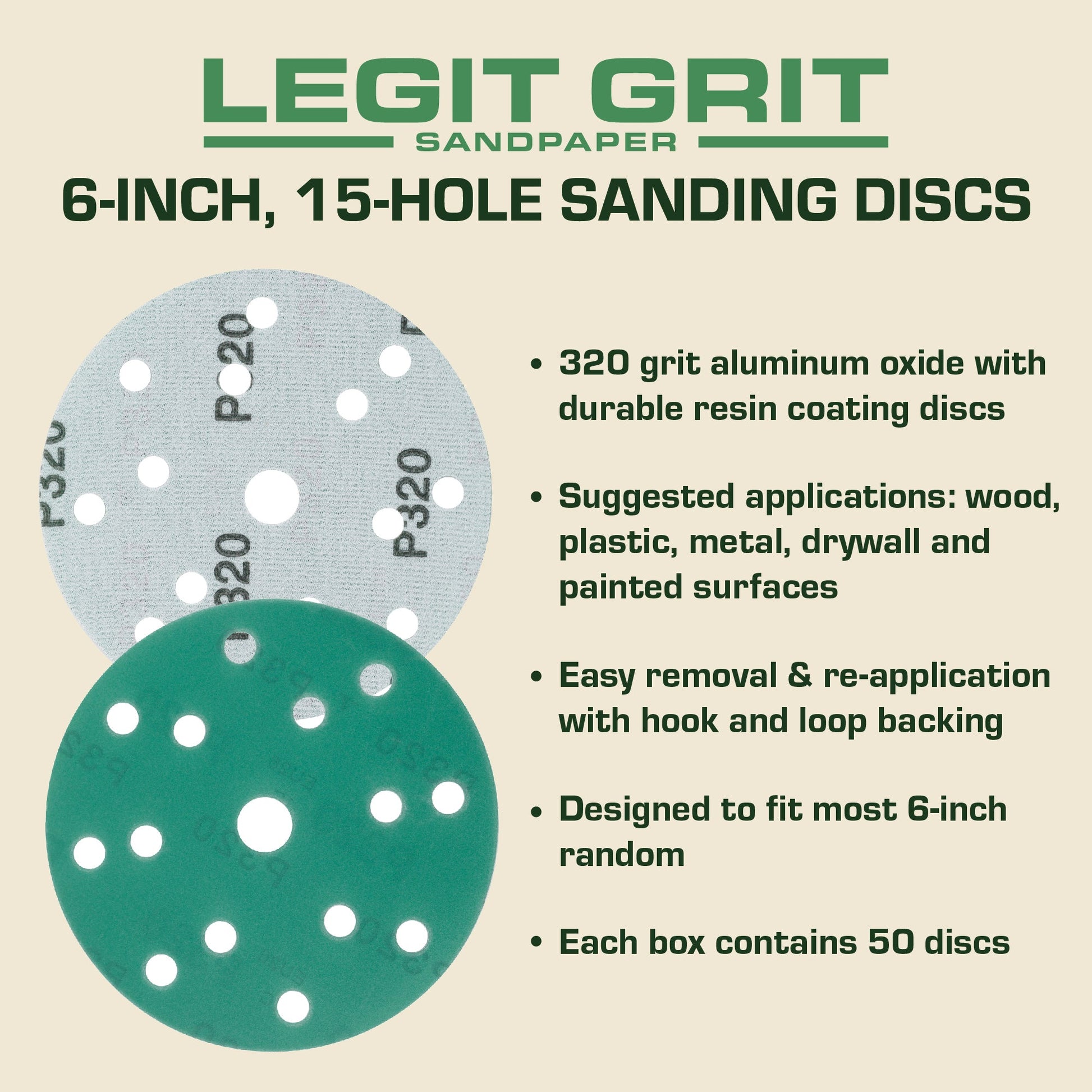 6-Inch 15-Hole Sanding Discs, Single Grit, 50/100/150-Packs - Legit Grit