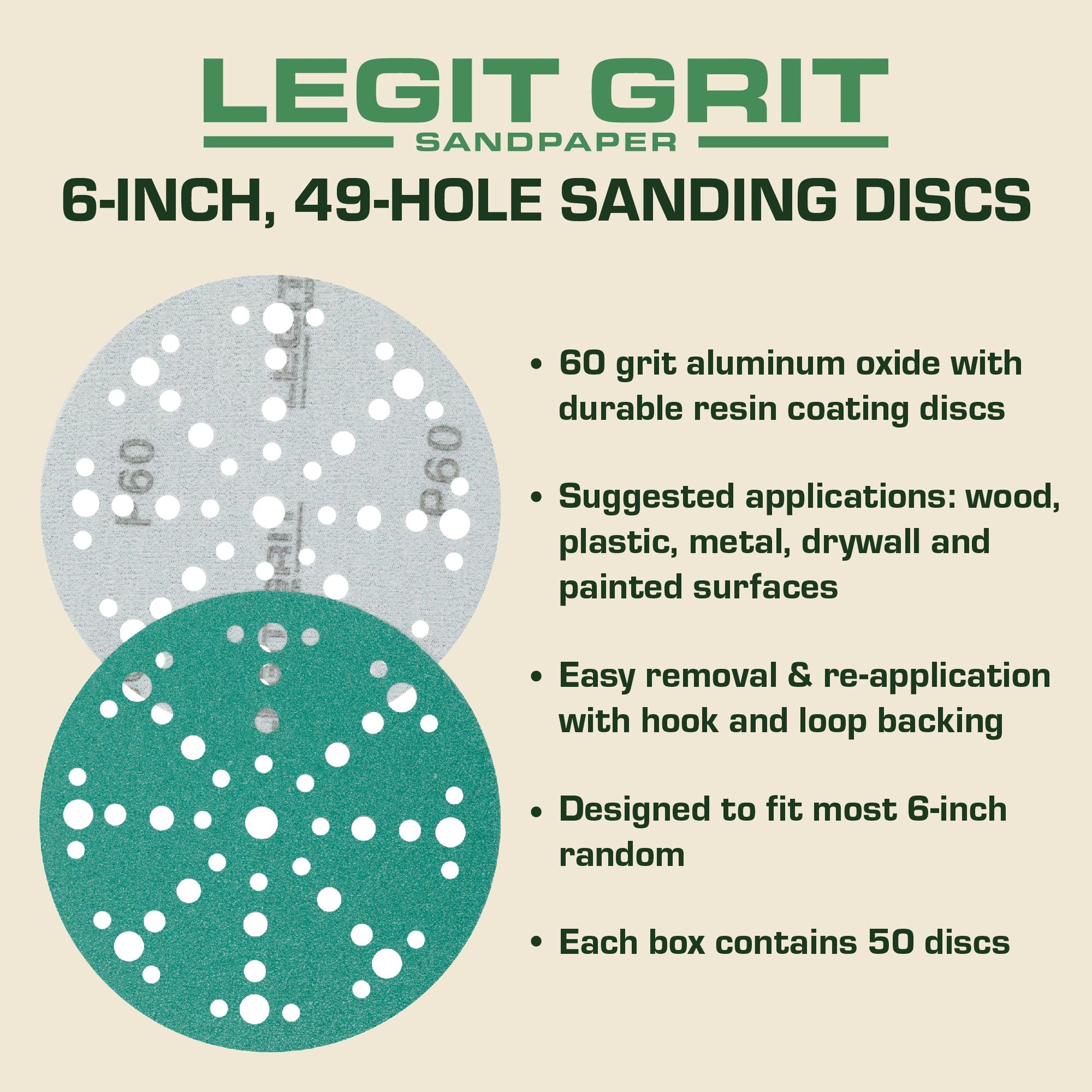 6-Inch 49-Hole Sanding Discs, Single Grit, 50/100/150-Packs - Legit Grit