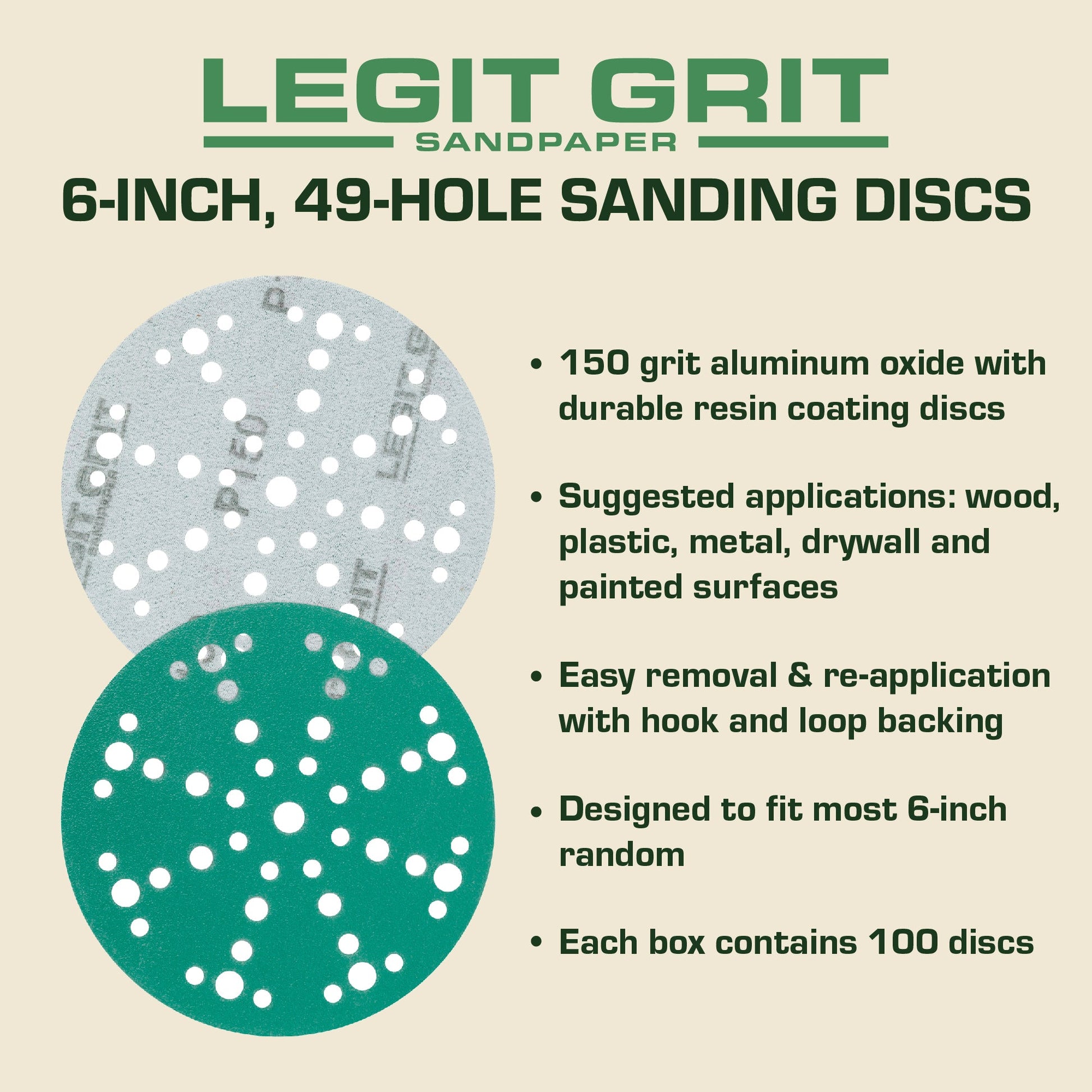 6-Inch 49-Hole Sanding Discs, Single Grit, 50/100/150-Packs - Legit Grit