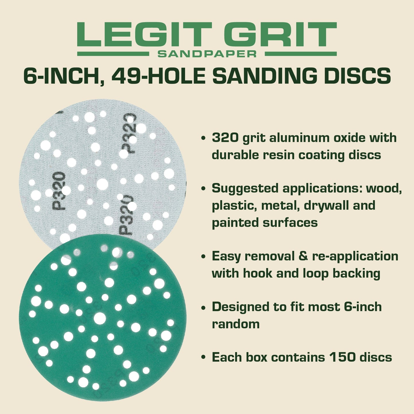 6-Inch 49-Hole Sanding Discs, Single Grit, 50/100/150-Packs - Legit Grit