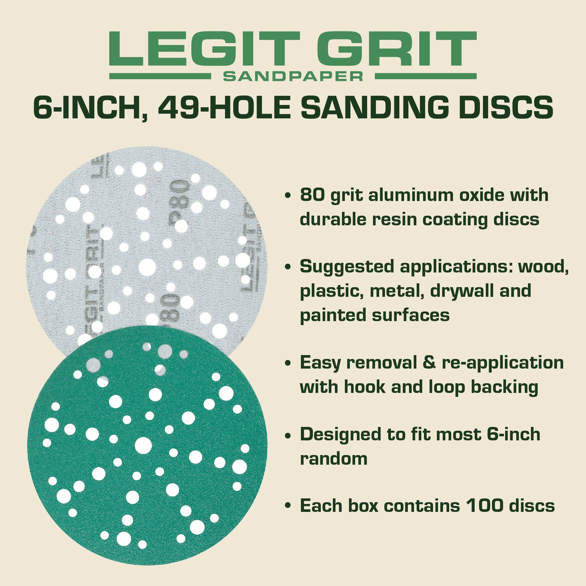 6-Inch 49-Hole Sanding Discs, Single Grit, 50/100/150-Packs - Legit Grit