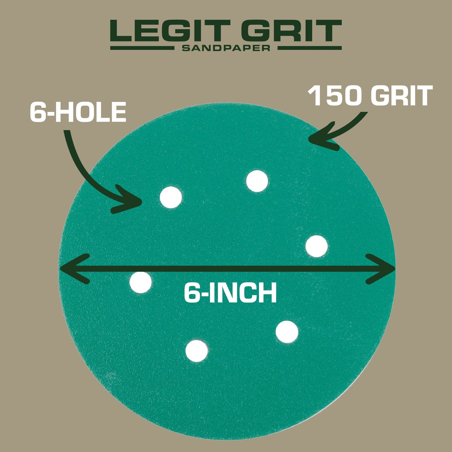 6-Inch 6-Hole Sanding Discs, Single Grit, 50/100/150-Packs - Legit Grit