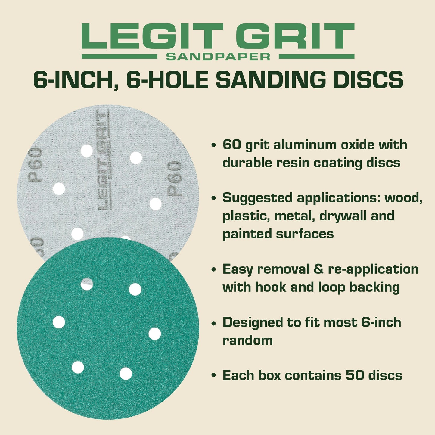 6-Inch 6-Hole Sanding Discs, Single Grit, 50/100/150-Packs - Legit Grit