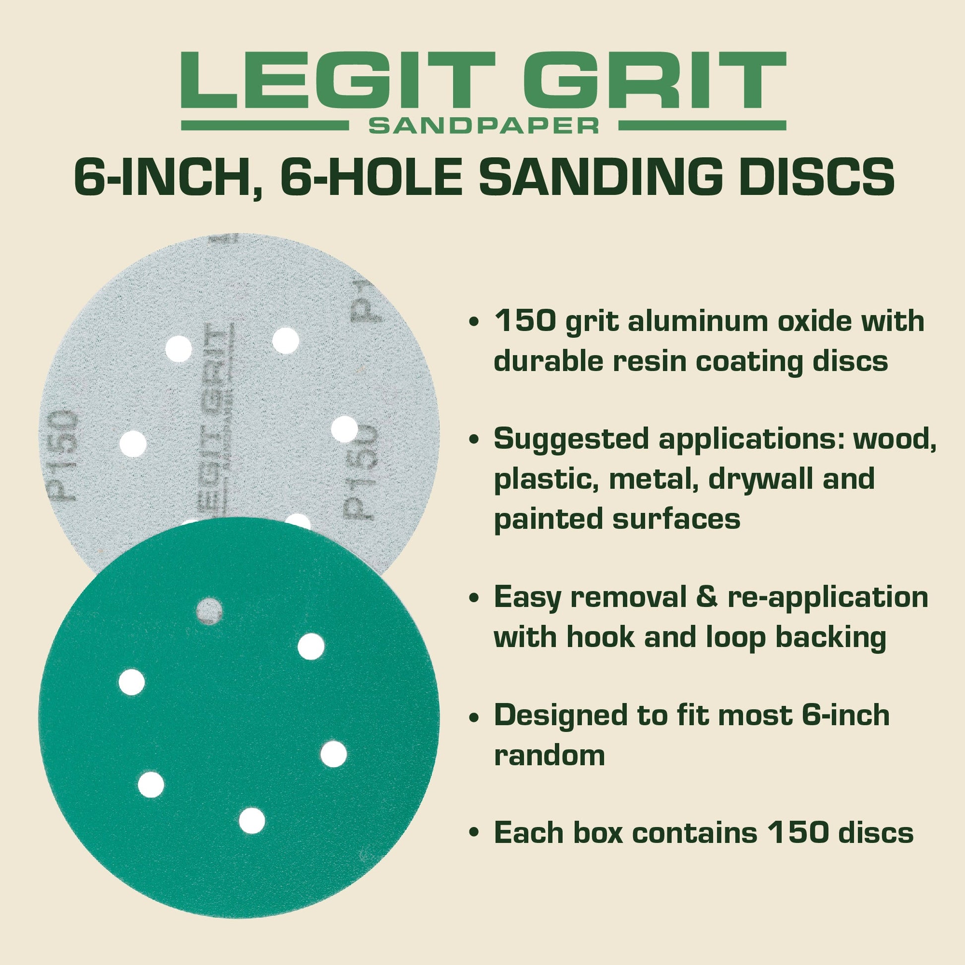 6-Inch 6-Hole Sanding Discs, Single Grit, 50/100/150-Packs - Legit Grit